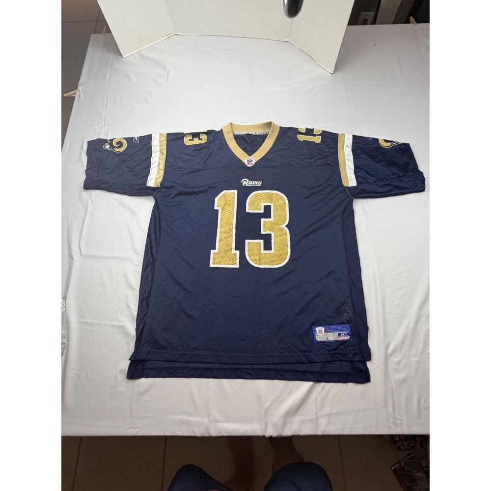 Reebok NFL Jersey Mens XL Blue Kurt Warner St. Louis Rams 13 Football V-Neck